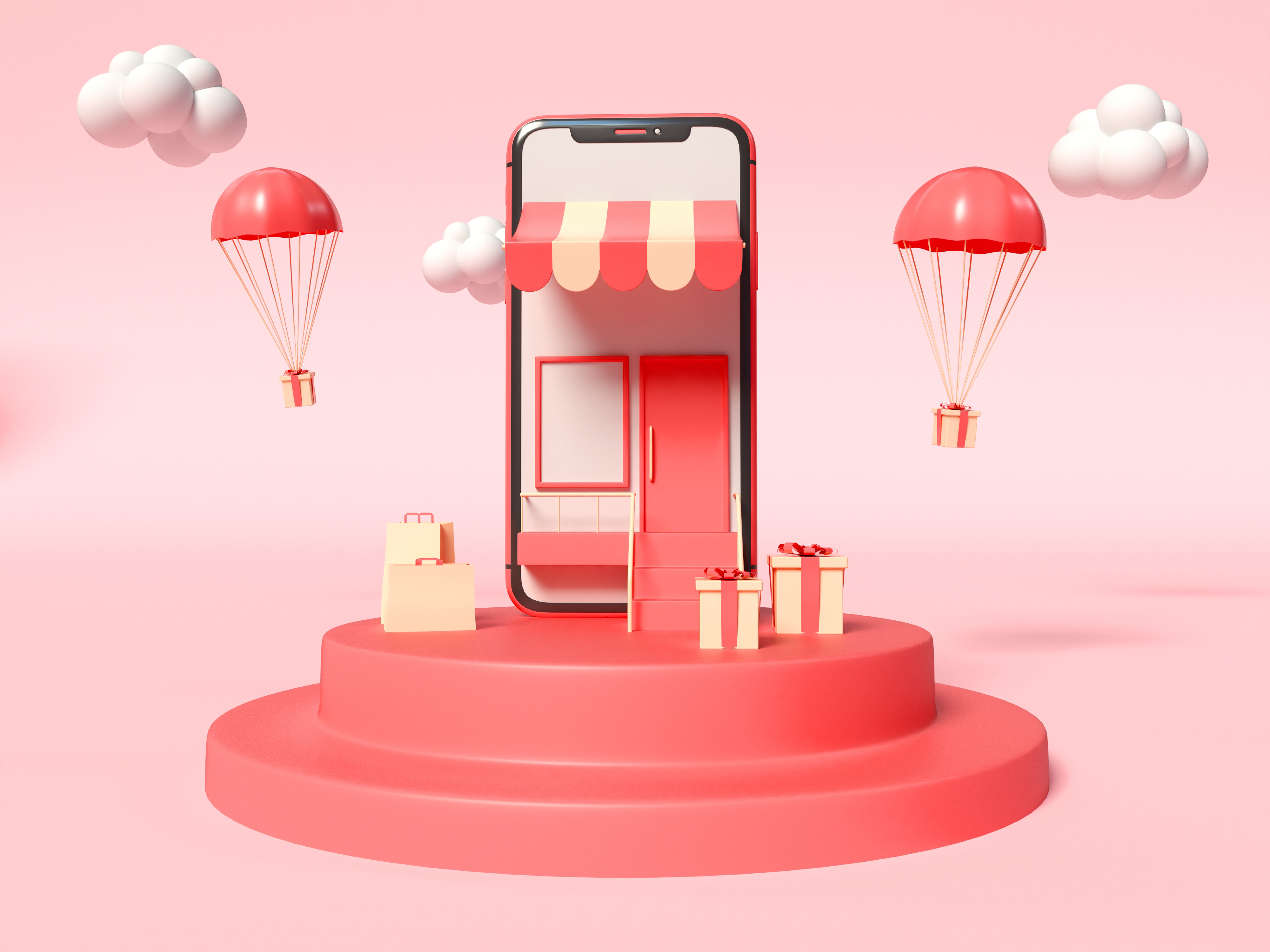 3D Illustration. Smartphone with a store on the screen and with gift boxes on a side. Online shopping concept.